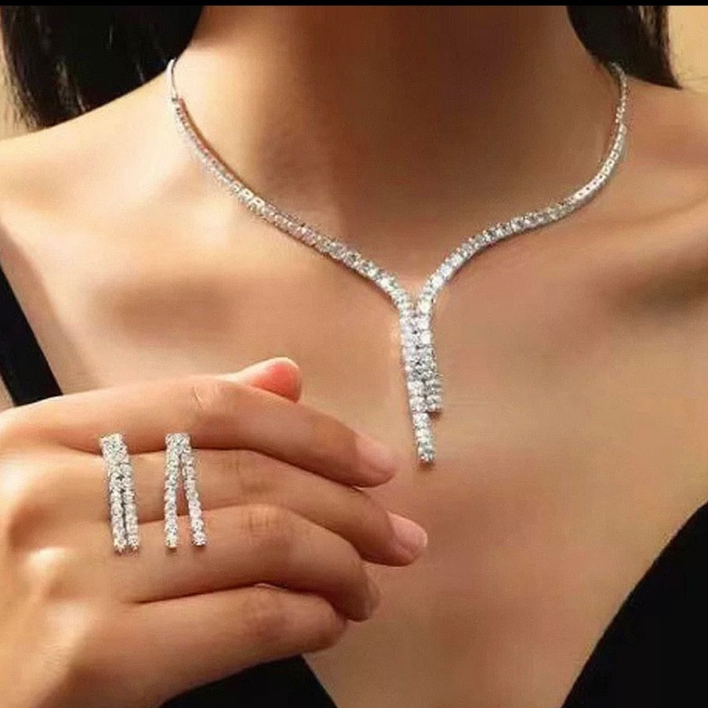 Geometric Zircon Necklace Earrings set